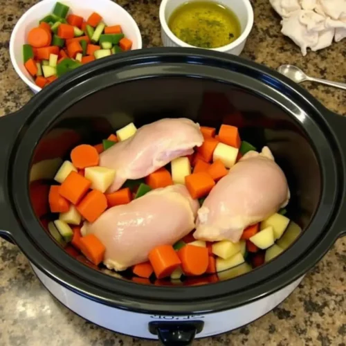 Add the chicken tenderloins and chopped vegetables to the crockpot.