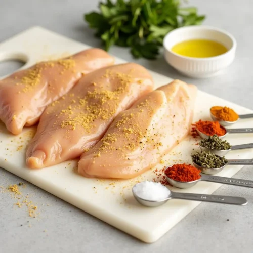 Begin by seasoning the chicken breasts or thighs with garlic powder