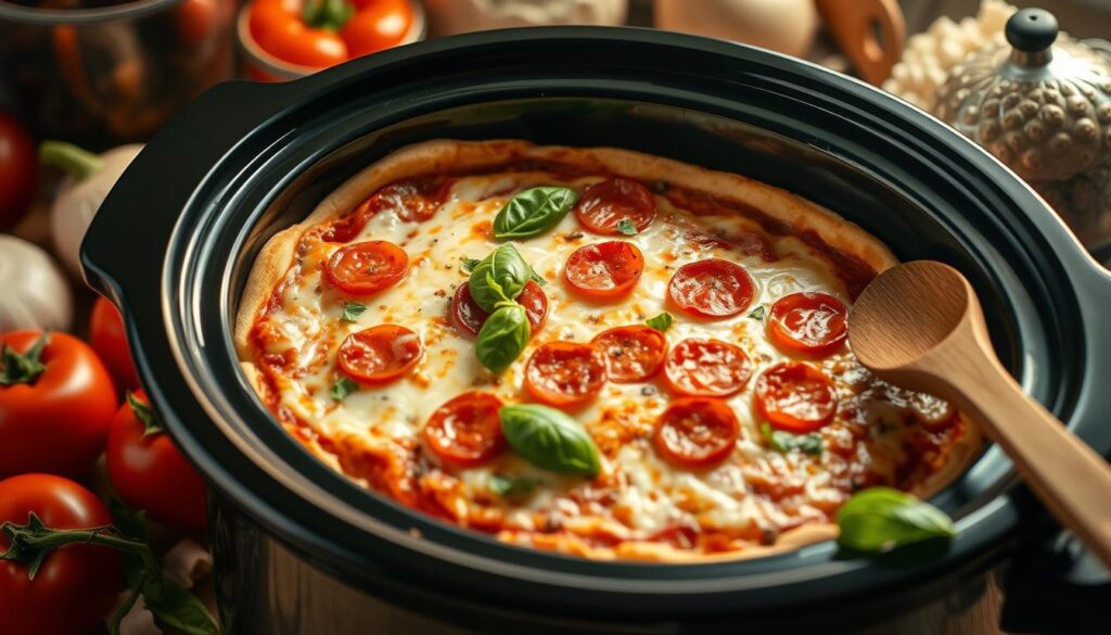 crock pot filled with an appetizing pizza