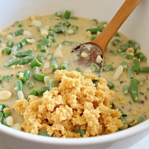 bowl filled with green beans, cream of mushroom soup