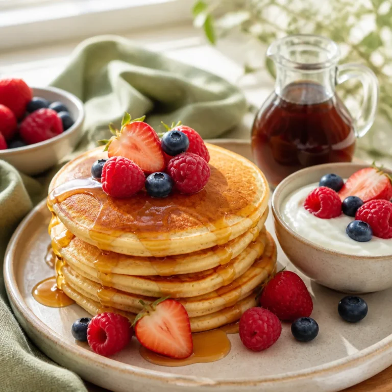 A stack of pancakes with berries and maple syrup