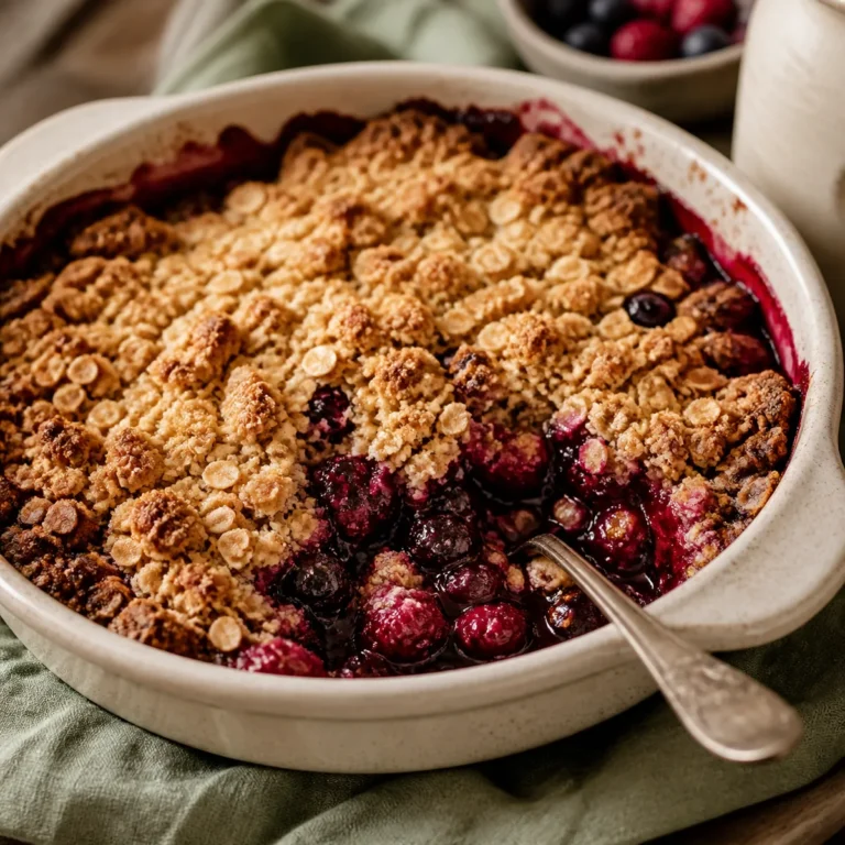 Golden berry crumble in a ceramic baking dish