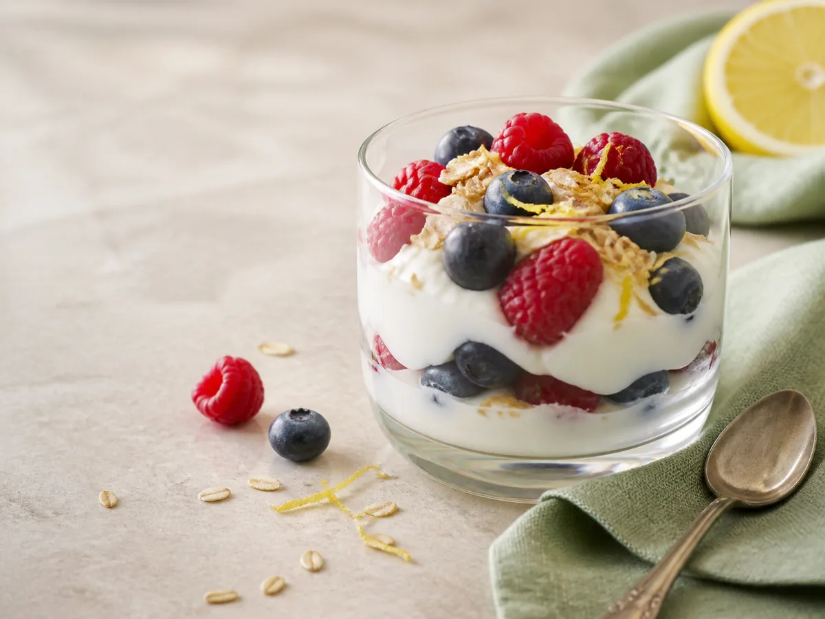 Lemon berry yogurt cup with oats and fresh fruit